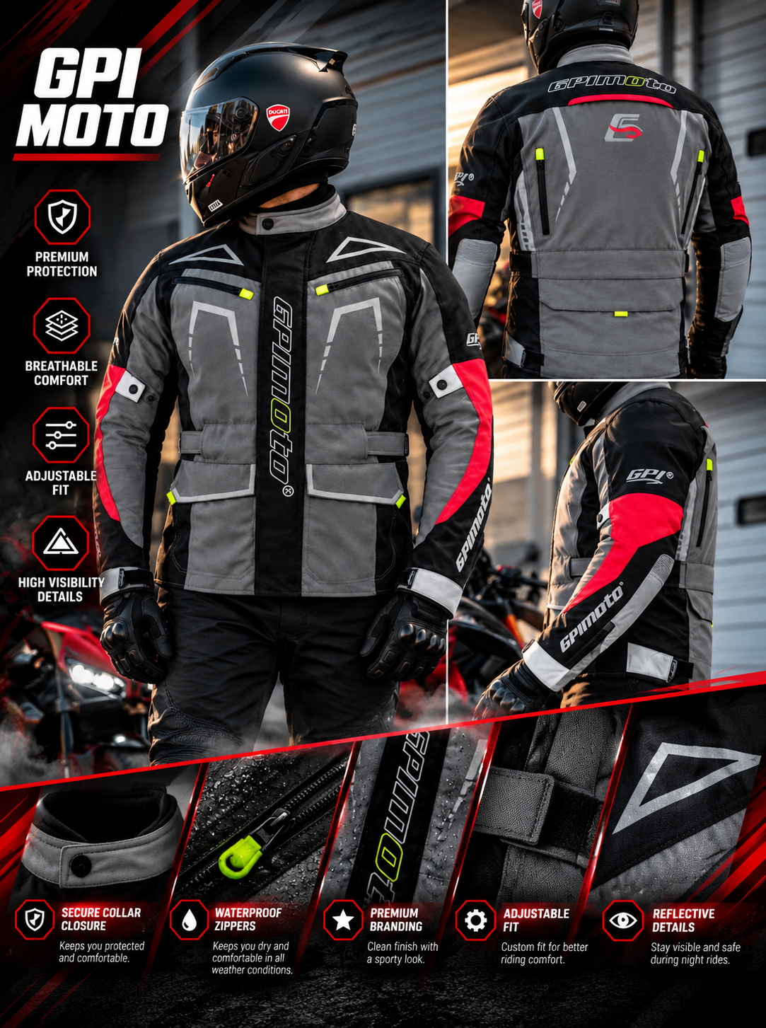 Men’s All-Season High Premium Quality Soft Adjustable Motorcycle Jacket – 6 Pockets, Grey/Black-
