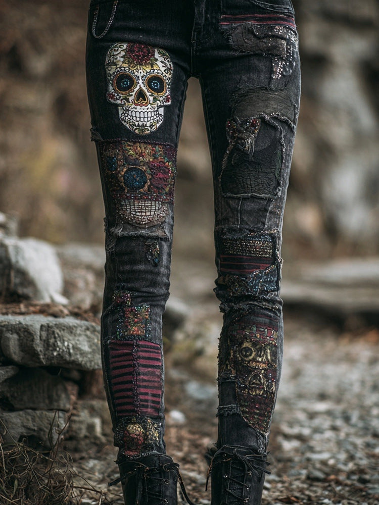 Womens Denim Jeans  With Colorful 3D Floral Prints