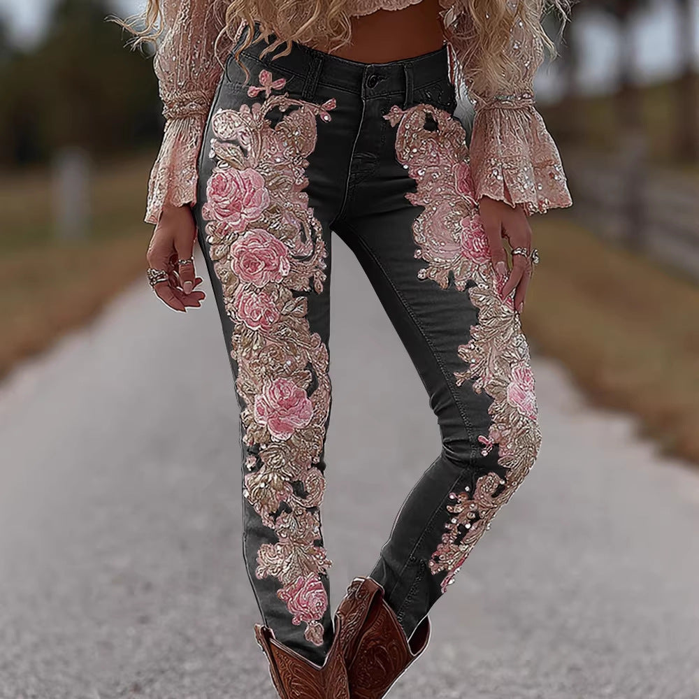 Womens Denim Jeans  With Colorful 3D Floral Prints
