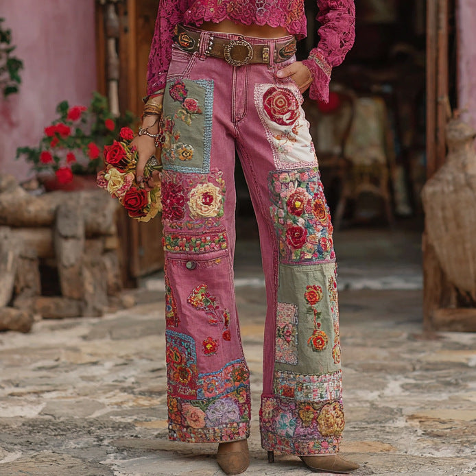 Womens Denim Jeans  With Colorful 3D Floral Prints