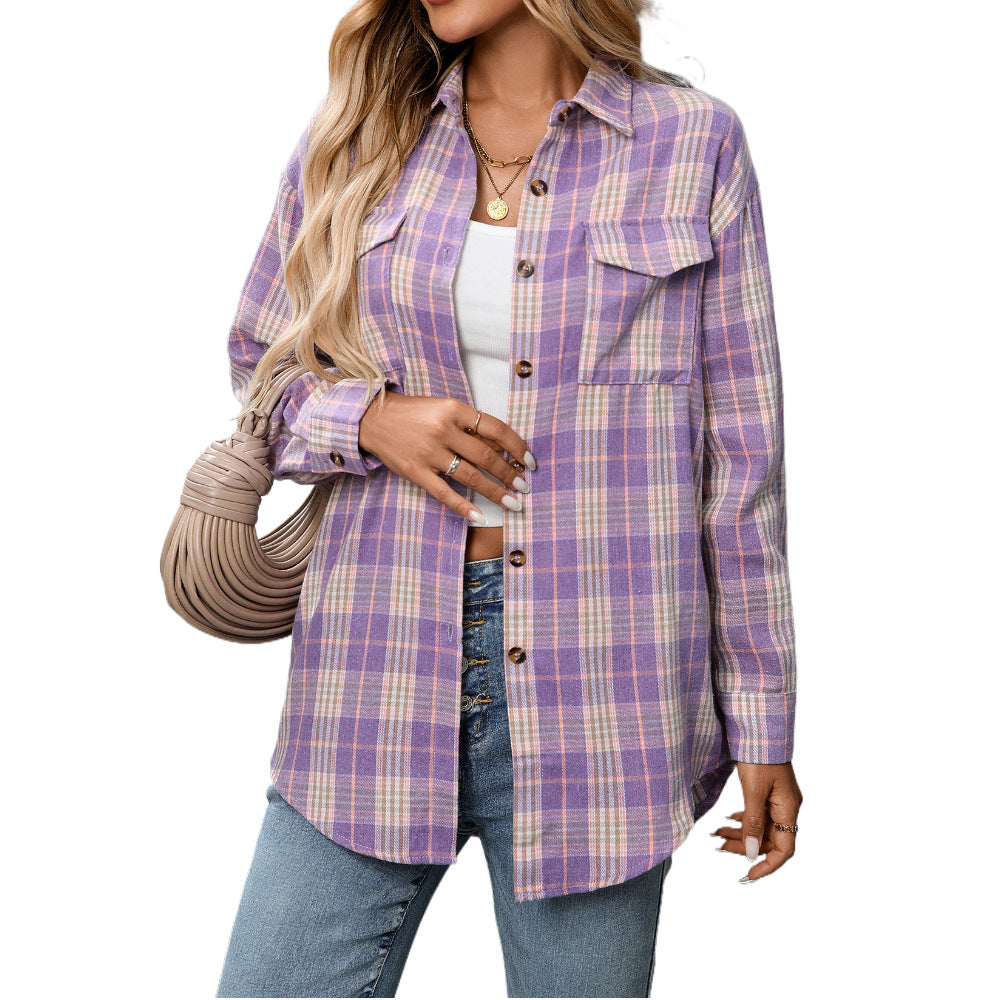 Cross-Border  Loose Plaid Pocket Shirt For Women