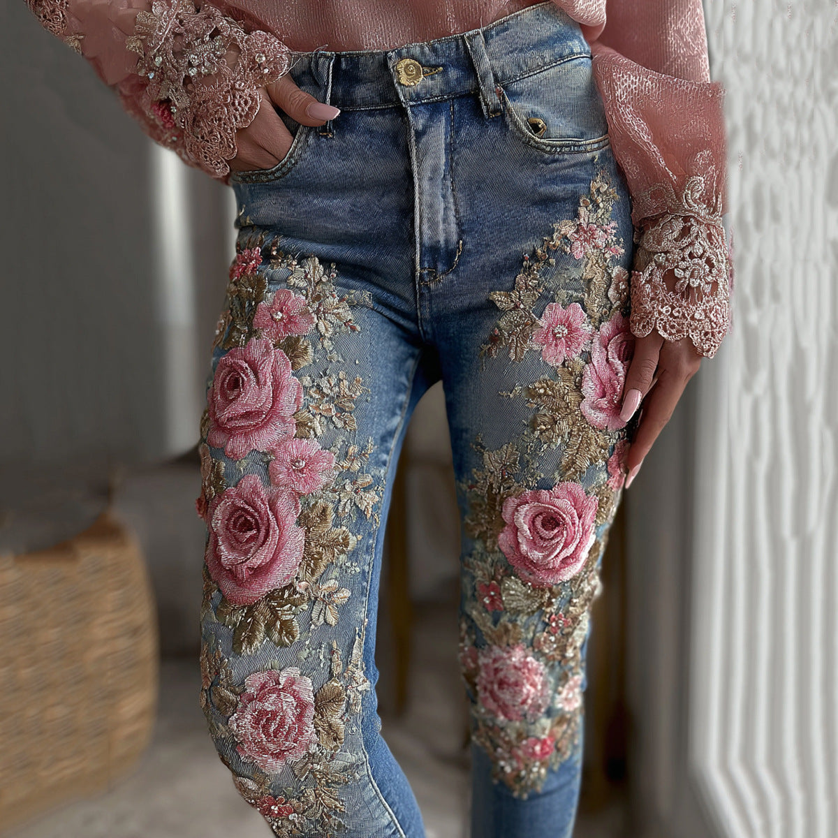 Womens Denim Jeans  With Colorful 3D Floral Prints