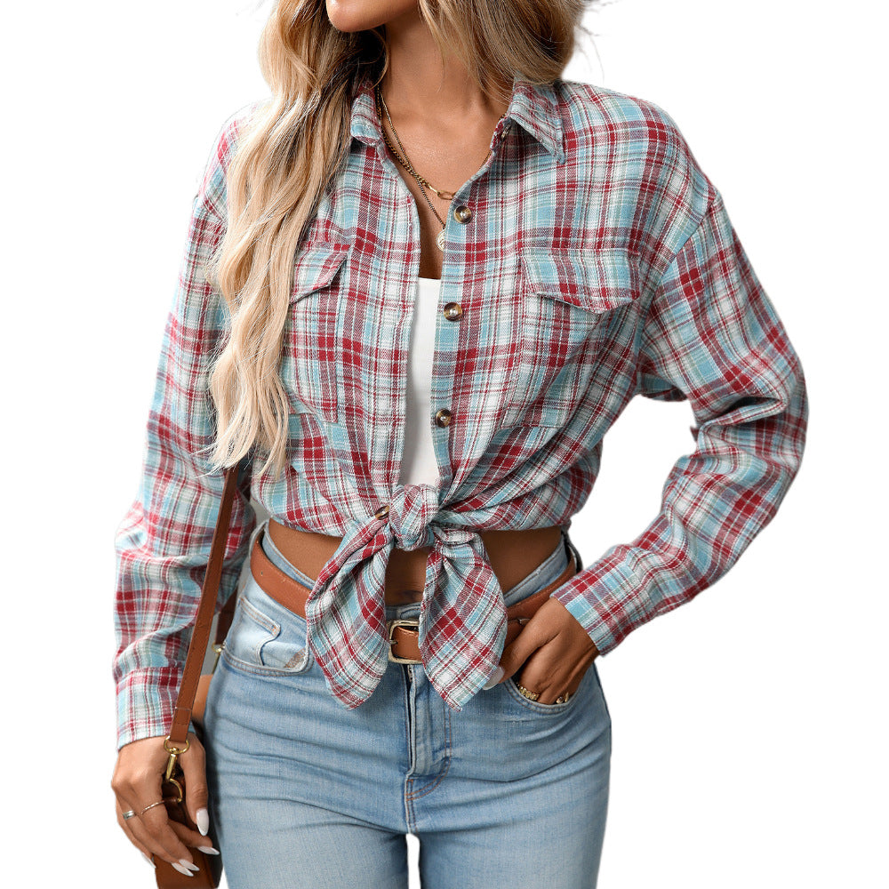 Cross-Border  Loose Plaid Pocket Shirt For Women