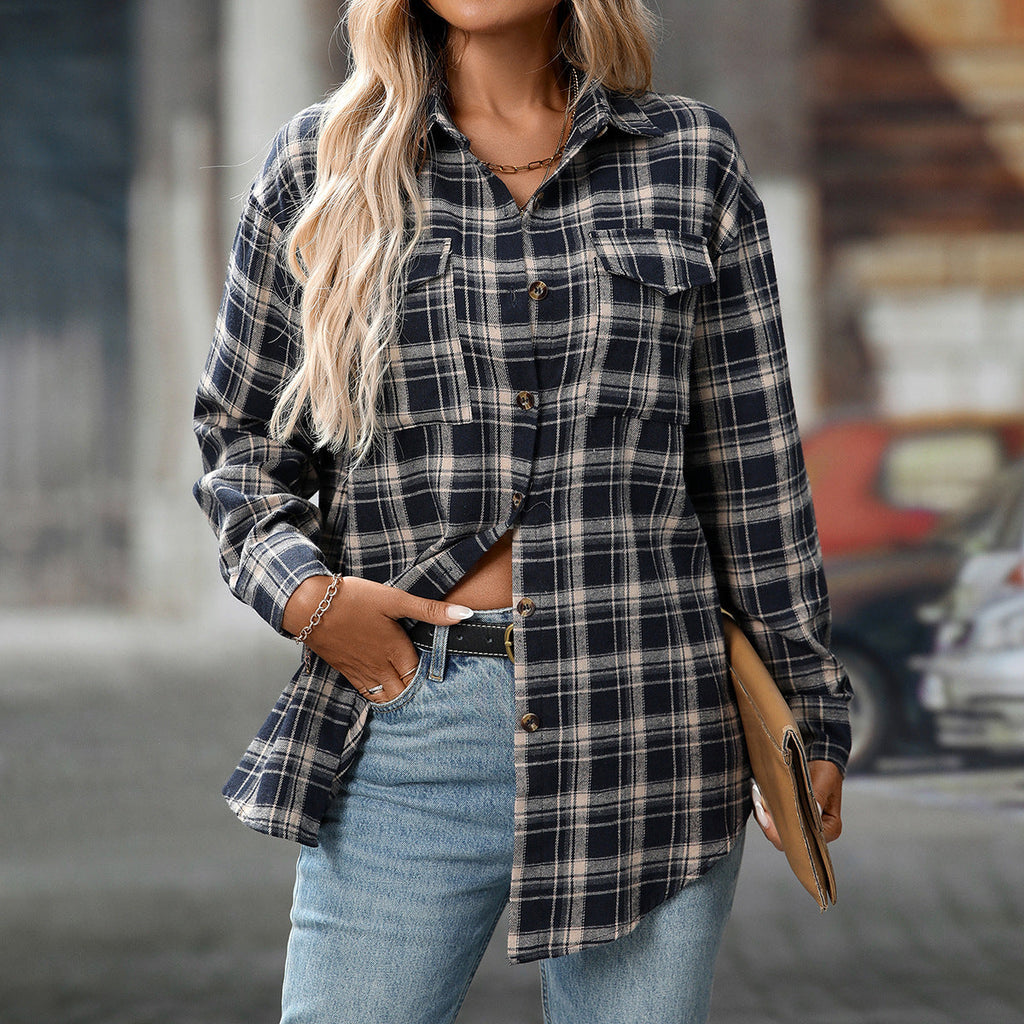 Cross-Border  Loose Plaid Pocket Shirt For Women