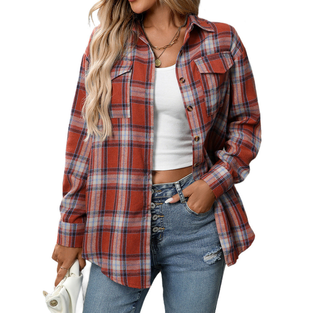 Cross-Border  Loose Plaid Pocket Shirt For Women