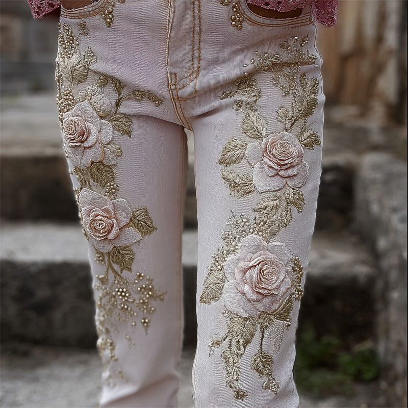 Womens Denim Jeans  With Colorful 3D Floral Prints