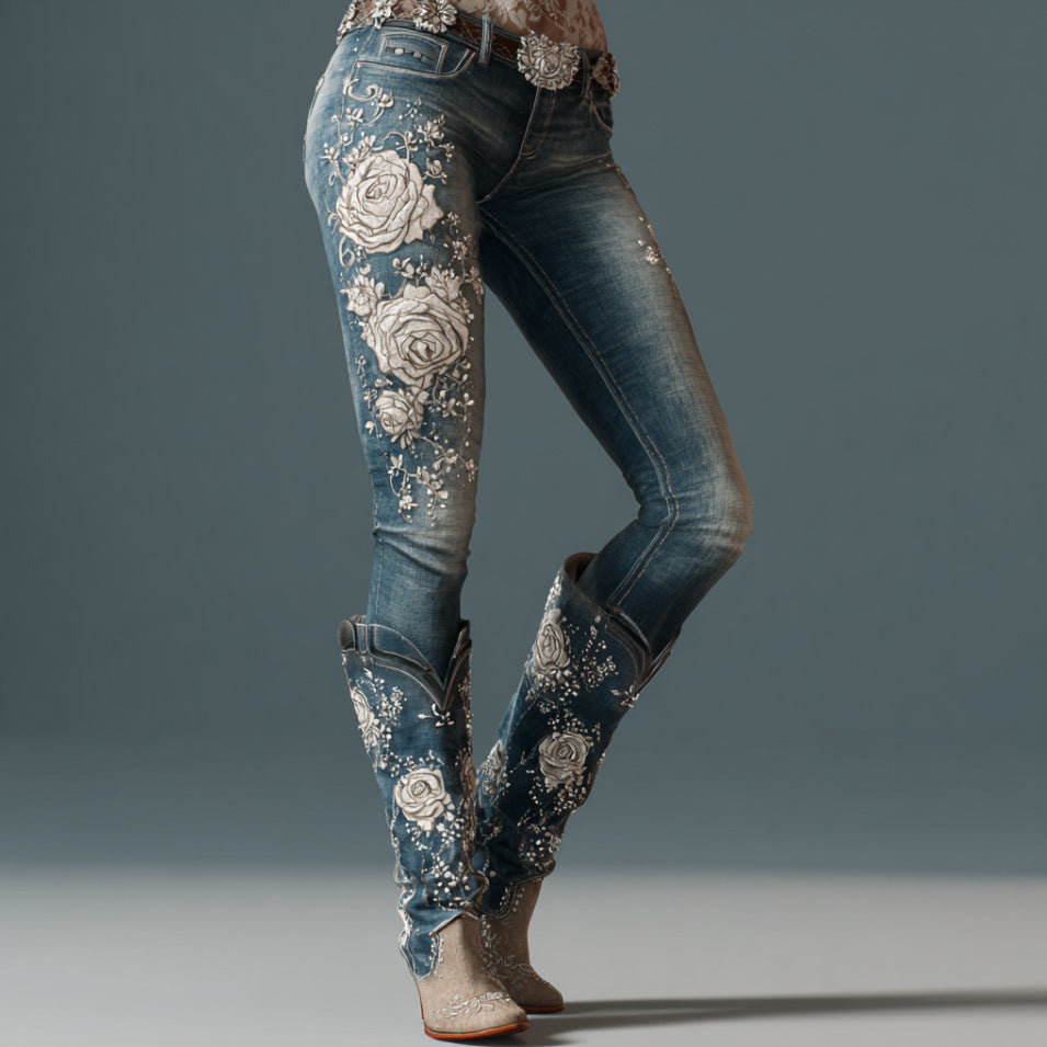 Womens Denim Jeans  With Colorful 3D Floral Prints