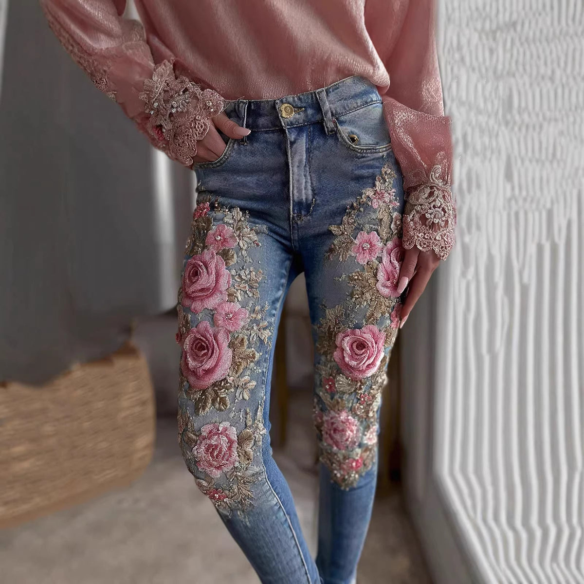 Womens Denim Jeans  With Colorful 3D Floral Prints
