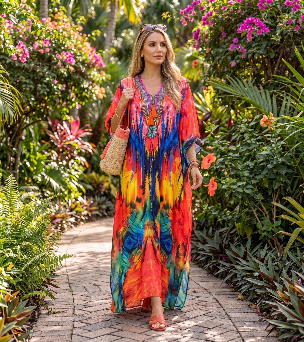 Sakkas Georgettina Flowy Rhinestone V Neck Long Caftan Dress/Cover Up