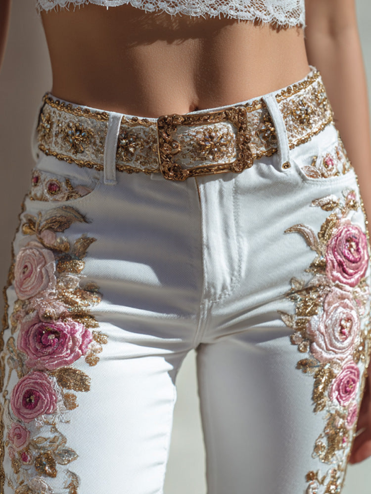Womens Denim Jeans  With Colorful 3D Floral Prints