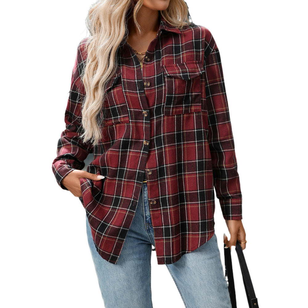 Cross-Border  Loose Plaid Pocket Shirt For Women