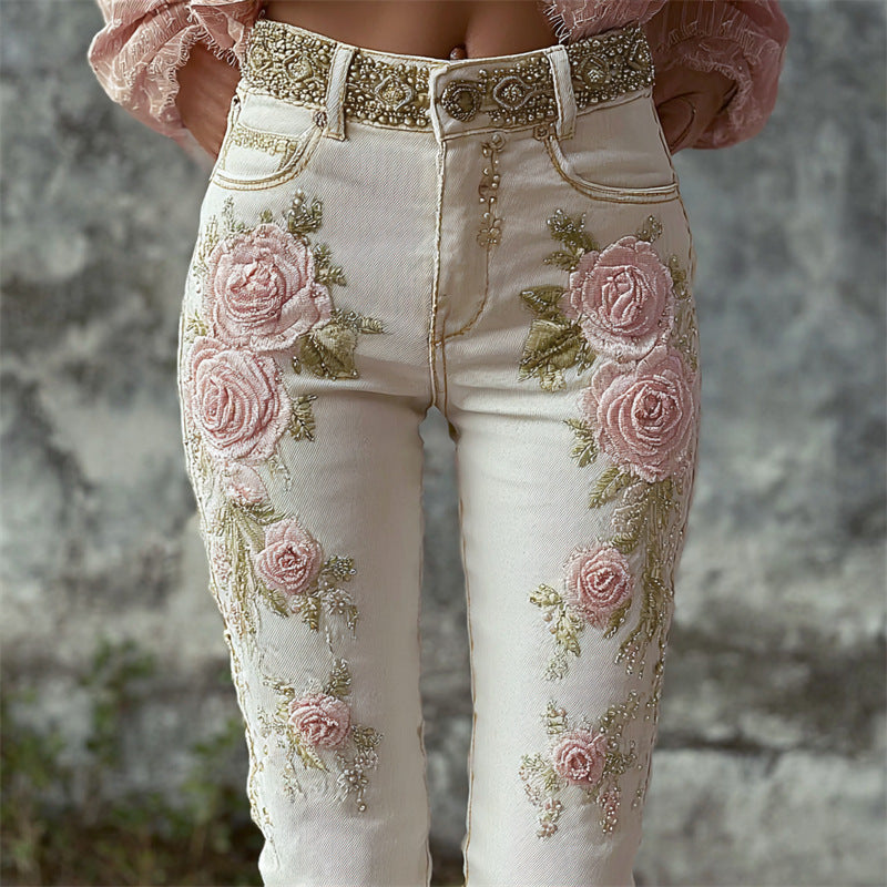 Womens Denim Jeans  With Colorful 3D Floral Prints