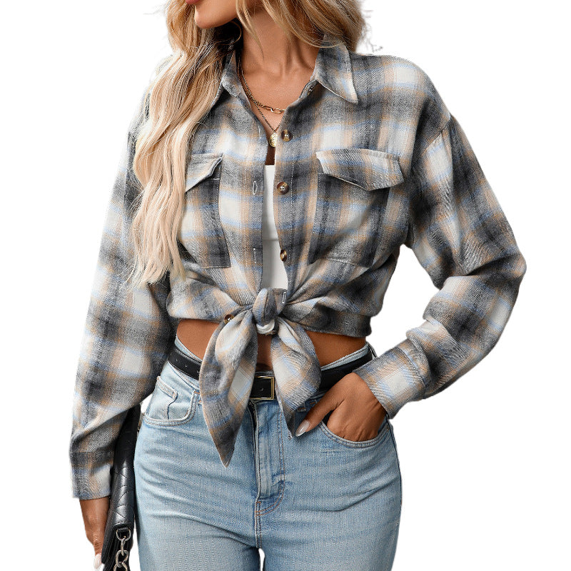 Cross-Border  Loose Plaid Pocket Shirt For Women