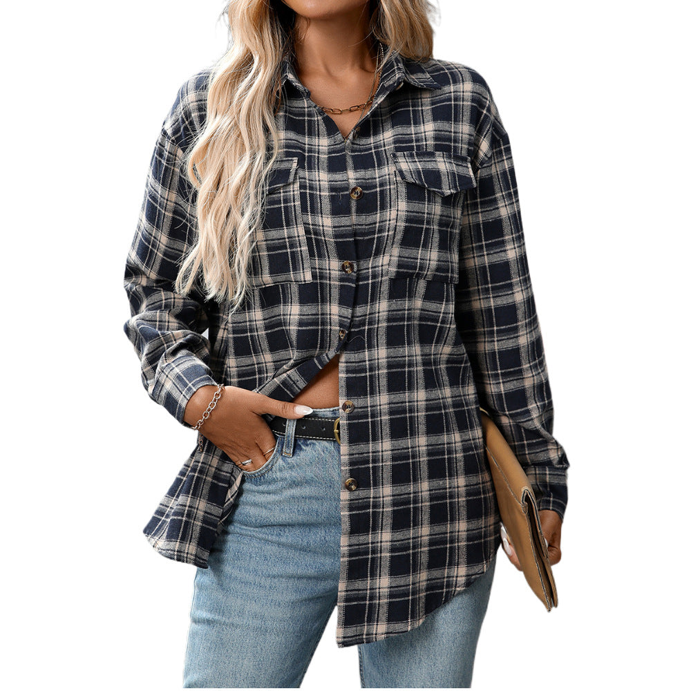 Cross-Border  Loose Plaid Pocket Shirt For Women