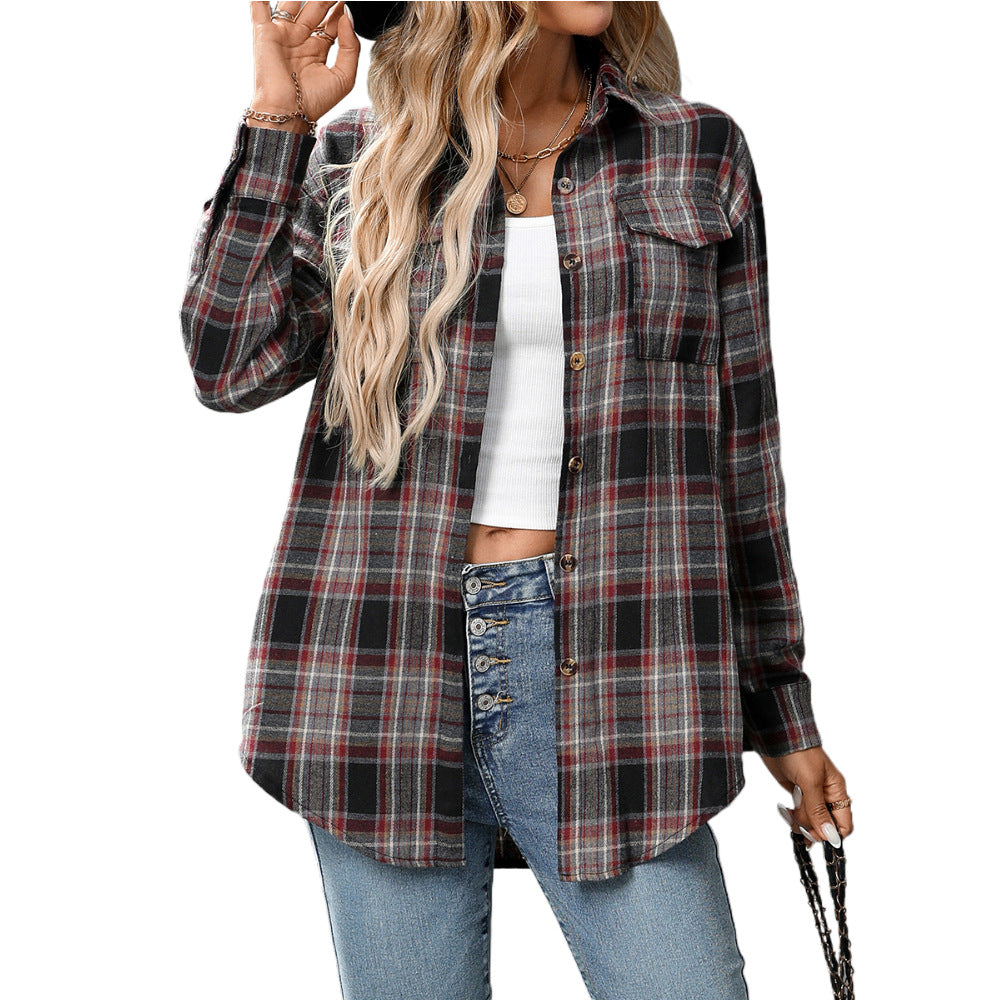 Cross-Border  Loose Plaid Pocket Shirt For Women