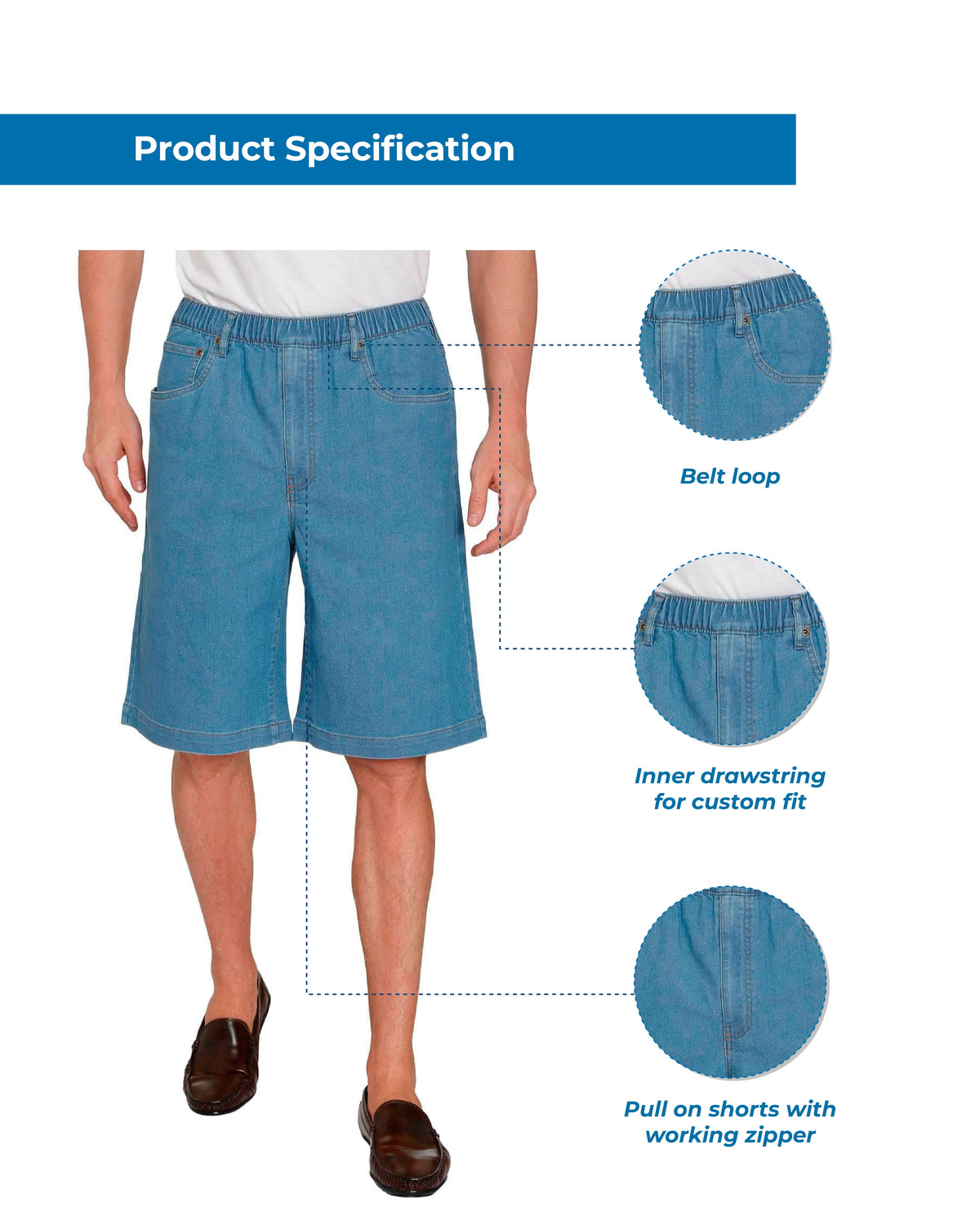 Men's Pull-On Stretch Denim Shorts — Elastic Waist No Zipper