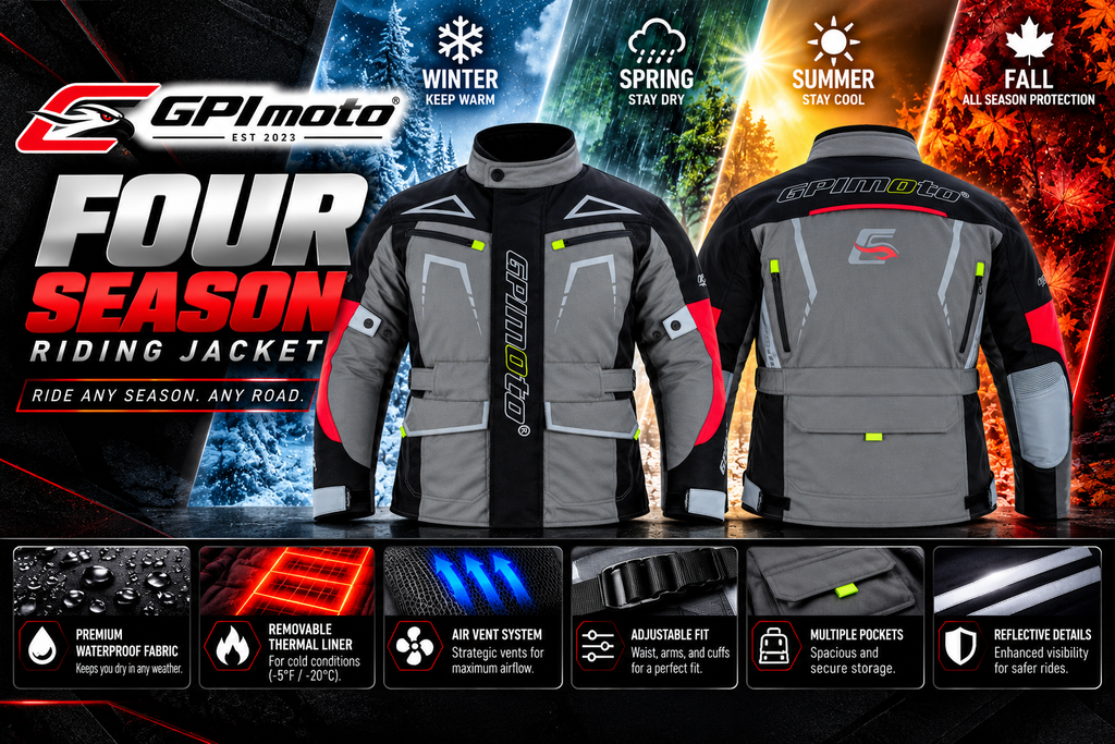Men’s All-Season High Premium Quality Soft Adjustable Motorcycle Jacket – 6 Pockets, Grey/Black-