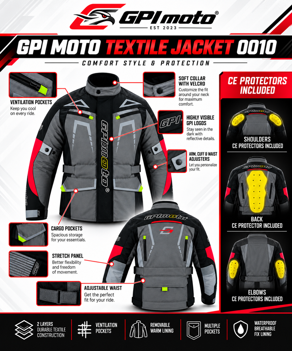 Men’s All-Season High Premium Quality Soft Adjustable Motorcycle Jacket – 6 Pockets, Grey/Black-